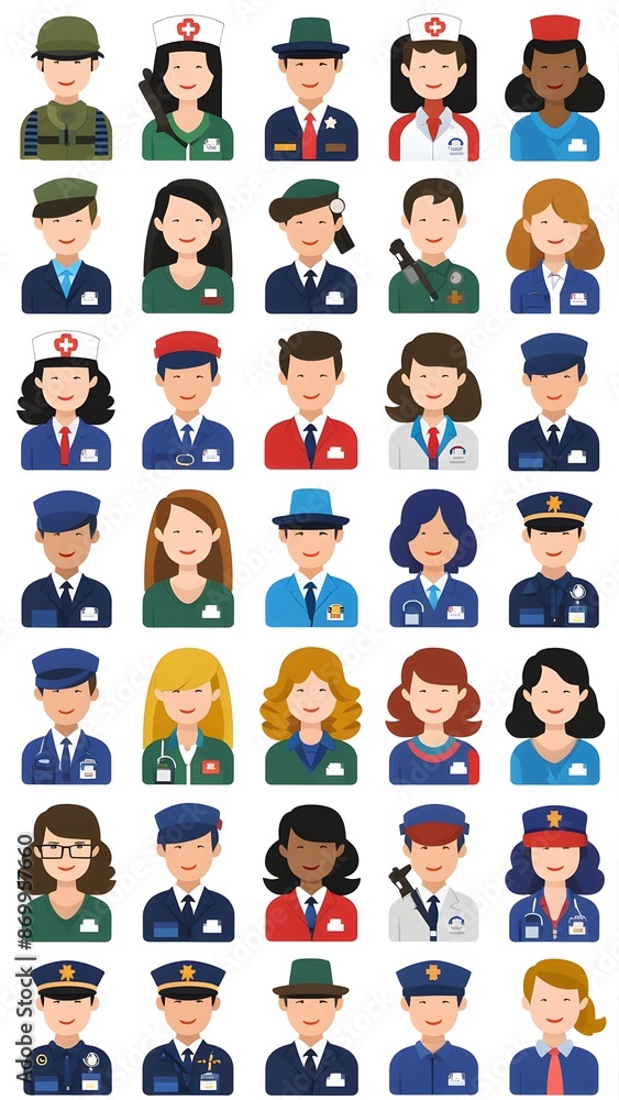 Avatars of people, soldiers, nurses, teachers, doctors, police are ready. Young men and women with thoughtful expressions. Modern character heads smiling happily, girls and guys, full body, one person Avatars of people, soldiers, nurses, teachers, doctors, police are ready. Young men and women with thoughtful expressions. Modern character heads smiling happily, girls and guys, full body, one person