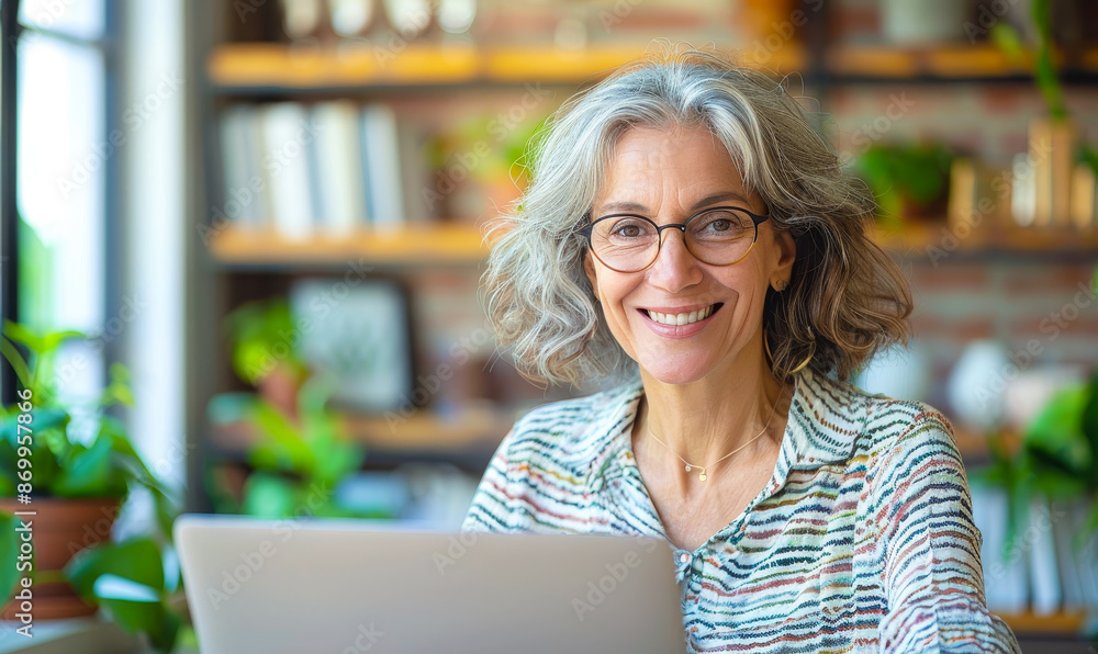 Confident Middle-Aged Woman Working from Home on Laptop, Smiling at Computer in Cozy Home Office with Plants Confident Middle-Aged Woman Working from Home on Laptop, Smiling at Computer in Cozy Home Office with Plants