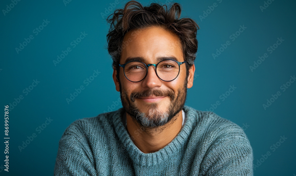 Friendly Young Professional Man Smiling Cheerfully, Pointing at Camera Over Blue Studio Background - Headshot Portrait of Casual Bearded Guy in Sweater and Glasses Friendly Young Professional Man Smiling Cheerfully, Pointing at Camera Over Blue Studio Background - Headshot Portrait of Casual Bearded Guy in Sweater and Glasses