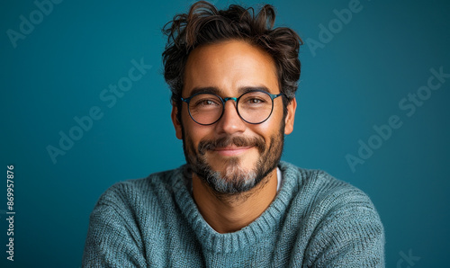 Friendly Young Professional Man Smiling Cheerfully, Pointing at Camera Over Blue Studio Background - Headshot Portrait of Casual Bearded Guy in Sweater and Glasses