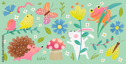 Modern nature surface design with nature plants and animals. Vector flat decorative graphics for product packaging and surface design. Hand drawn vector decoration illustration in watercolor style.