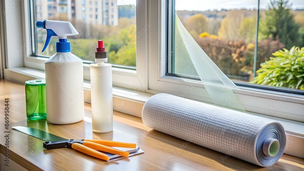 Sprühflasche, Rakel, Klebefolie, Cutter und Küchenrolle als Vorbereitung für Fensterbeschriftung Sprühflasche, Rakel, Klebefolie, Cutter und Küchenrolle als Vorbereitung für Fensterbeschriftung