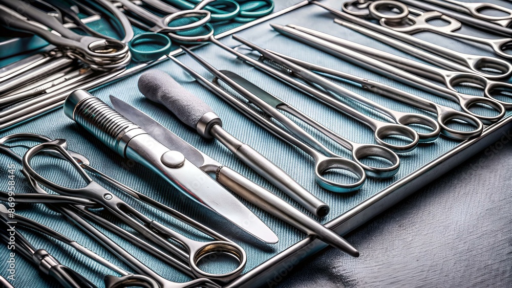 Close-up view on a set of medical tools for surgeon laid on a grey background Close-up view on a set of medical tools for surgeon laid on a grey background