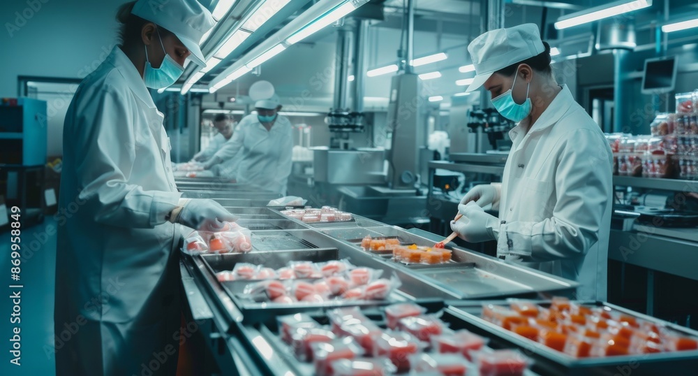 Workers in a modern food production line wearing protective gear and masks Workers in a modern food production line wearing protective gear and masks