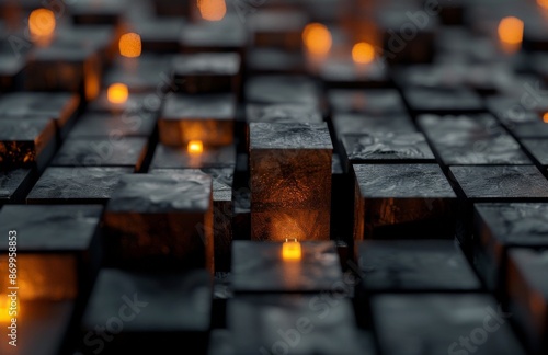 Abstract Black Cubes With Glowing Orange Edges