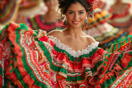 Girl wearing embroidered dress dancing during Mexican Patriotic Holidays celebration in Mexico.