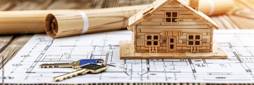 Optimal one story house layout with keys nearby real estate business concept for property sales Optimal one story house layout with keys nearby real estate business concept for property sales