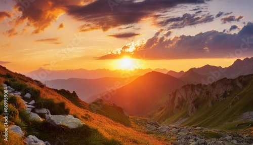 beautiful sunset in the mountains landscape with sun shining through orange clouds