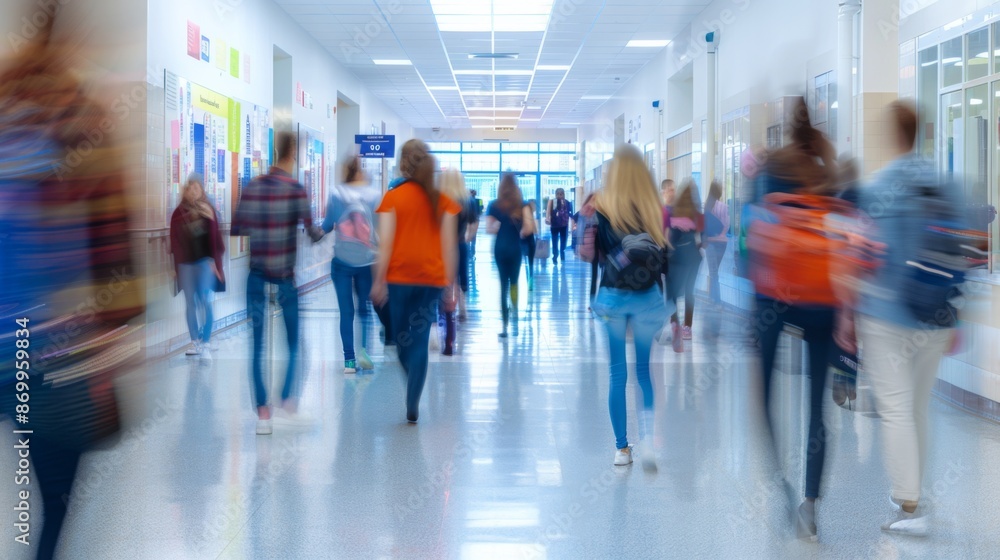 Blurry photograph of a crowded school hallway with students walking and wearing backpacks, illustrating the dynamic and lively atmosphere of daily school activities and interactions. Blurry photograph of a crowded school hallway with students walking and wearing backpacks, illustrating the dynamic and lively atmosphere of daily school activities and interactions.