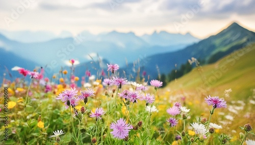 blur meadow flowers against the background of mountains watercolor illustration banner for site with copy space