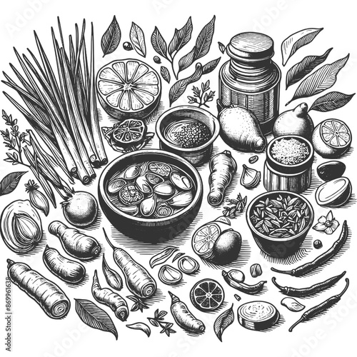 Tom yum soup Ingredients sketch engraving generative ai vector illustration. Scratch board imitation. Black and white image.