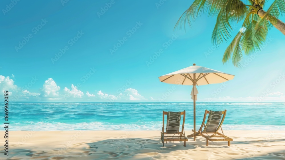 Obraz premium A tranquil tropical beach scene depicting two wooden chairs and a white umbrella situated near a palm tree, with clear blue skies and a calm ocean background.