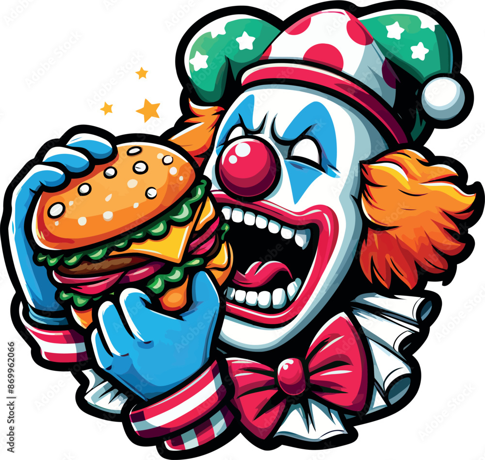 Hilarious Clown with Burger Illustration - Perfect for Fun Marketing Campaigns Hilarious Clown with Burger Illustration - Perfect for Fun Marketing Campaigns