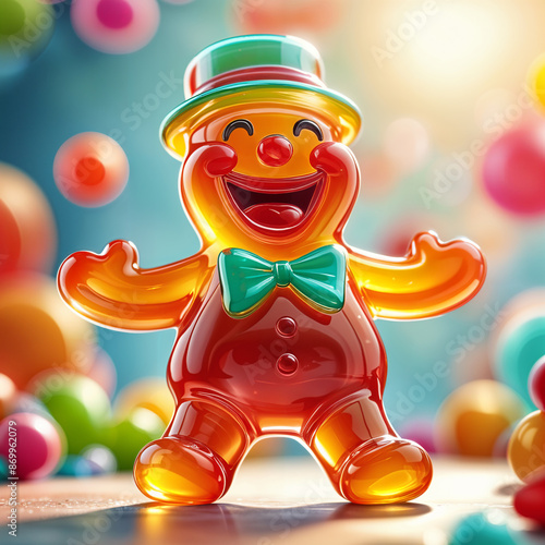 Cheerful, cartoon-style candy-like man with a big smile and a bow tie, standing against a colorful background filled with various candy elements. photo