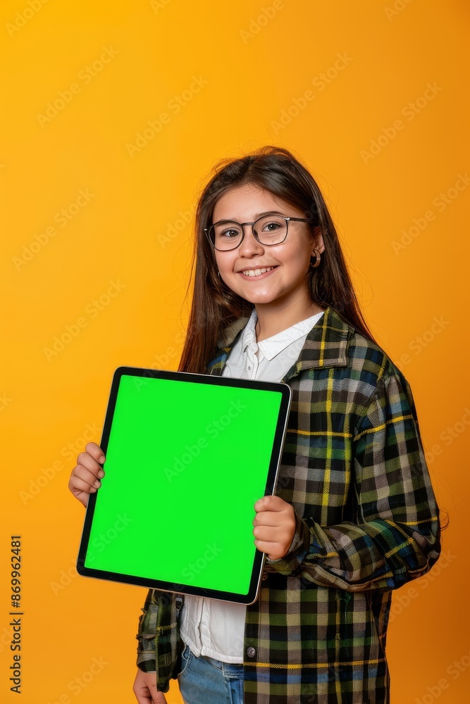 Smiling girl with glasses holding tablet with green screen on orange background Smiling girl with glasses holding tablet with green screen on orange background