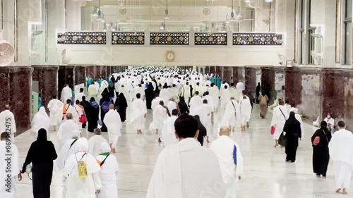 Mecca, Saudi Arabia - 18 FEB 2022 circa: Crowd of Muslim Pilgrims Walking on Saee Between Safa and Marwa
