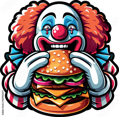 Hilarious Clown with Burger Illustration - Perfect for Fun Marketing Campaigns