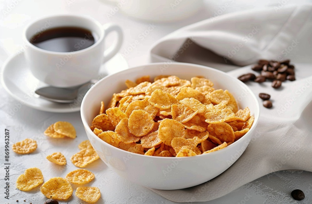 Bowl of Golden Cornflakes With Coffee and Milk on a Kitchen Table Bowl of Golden Cornflakes With Coffee and Milk on a Kitchen Table