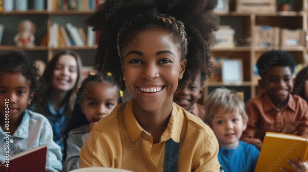 A joyful girl with a broad smile is sitting inside a library holding a book and surrounded by children who are enthusiastic about reading and sharing stories together.