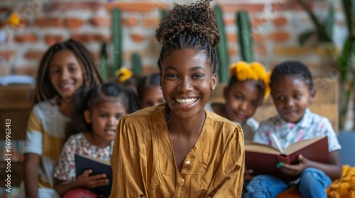 A smiling girl is seated with a book in her hand while a group of children can be seen engaging together in an environment that promotes reading and social interaction.