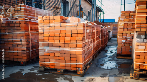 Pallets of red bricks neatly stacked, wrapped in plastic at outdoor construction site. The preparation storage of building materials, emphasizing the organized nature of construction logistics photo