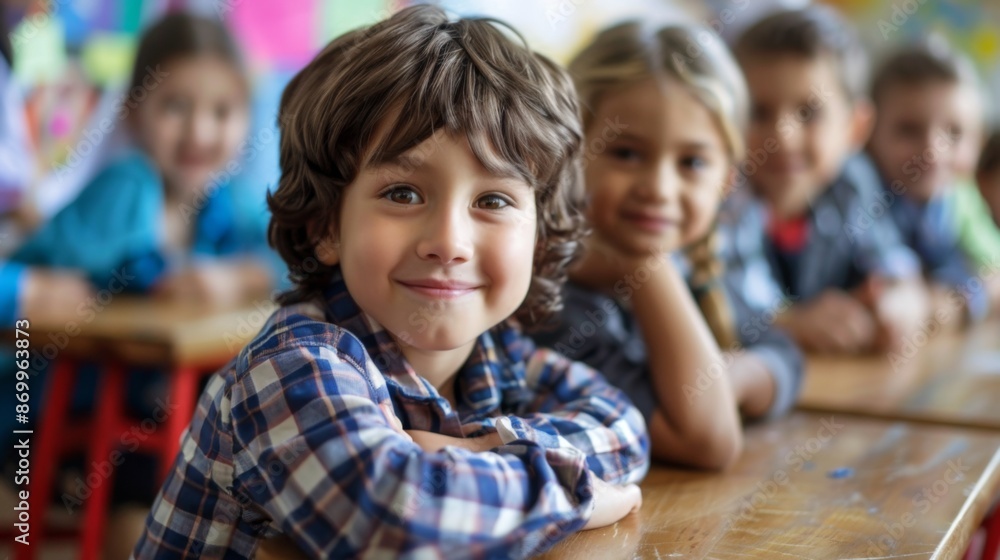 A young boy with curly hair sits at a classroom desk with a smile, conveying a sense of happiness and contentment, surrounded by other children during a school day. A young boy with curly hair sits at a classroom desk with a smile, conveying a sense of happiness and contentment, surrounded by other children during a school day.