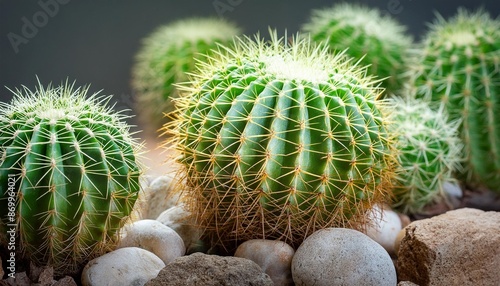 close up on ferocactus pottsii a solitary cactus with spherical to short cylindrical glaucous green shoots photo