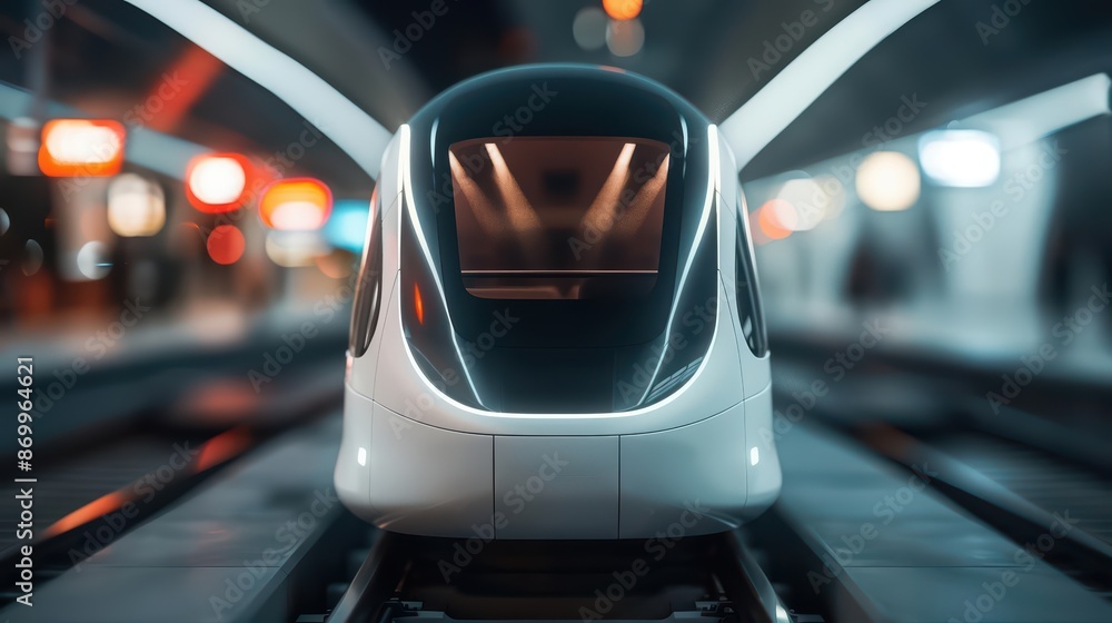 Obraz premium A futuristic public transport system featuring autonomous electric pods that communicate to optimize routes and reduce congestion, with copy space high tech