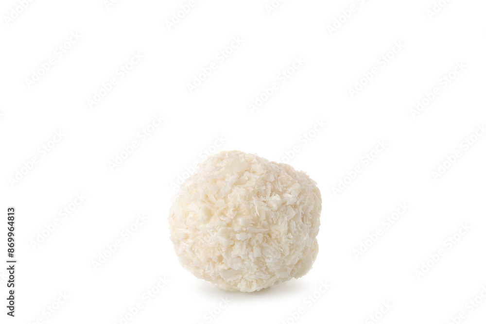 Delicious chocolate candy with coconut topping isolated on white background Delicious chocolate candy with coconut topping isolated on white background