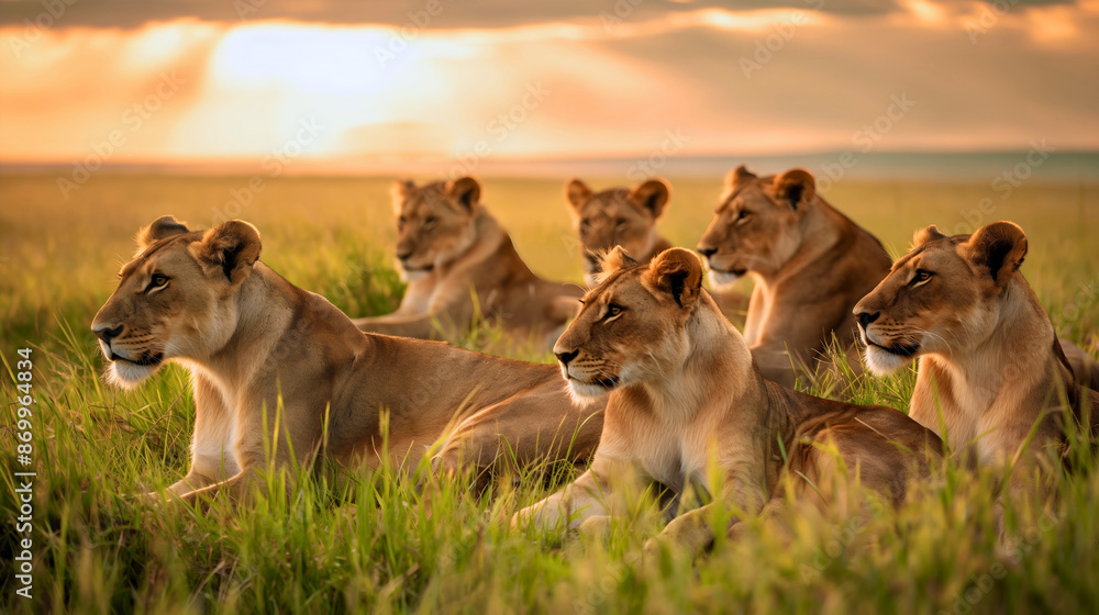 Fototapeta premium Group of many lioness wild cat animals lying on the ground, resting on a grass meadow field outdoors in African safari or savannah nature at sunset. Kenya predator hunters, fauna