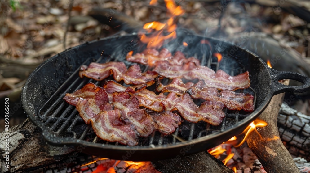 The sound of sizzling bacon fills the campsite as it slowly crisps over an open fire. The sound of sizzling bacon fills the campsite as it slowly crisps over an open fire.