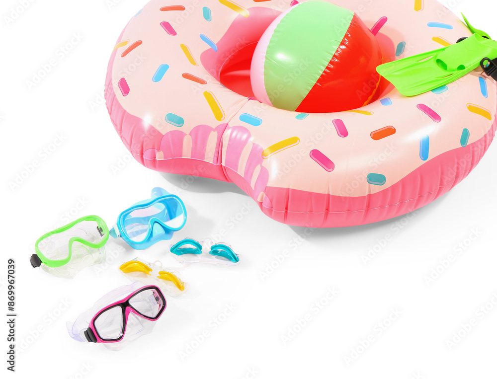 New swimming masks, goggles, flippers, ball and inflatable ring on white background New swimming masks, goggles, flippers, ball and inflatable ring on white background