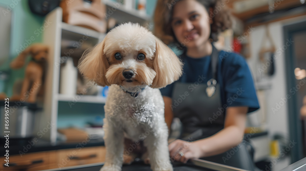 cute dog being groomed at pet salon, with a smiling groomer. The care and attention given to pets during grooming sessions, the bond between groomers and their furry clients cute dog being groomed at pet salon, with a smiling groomer. The care and attention given to pets during grooming sessions, the bond between groomers and their furry clients