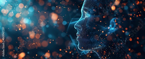 Digital Human Profile Constructed of Abstract Lines and Dots Against a Blue B...