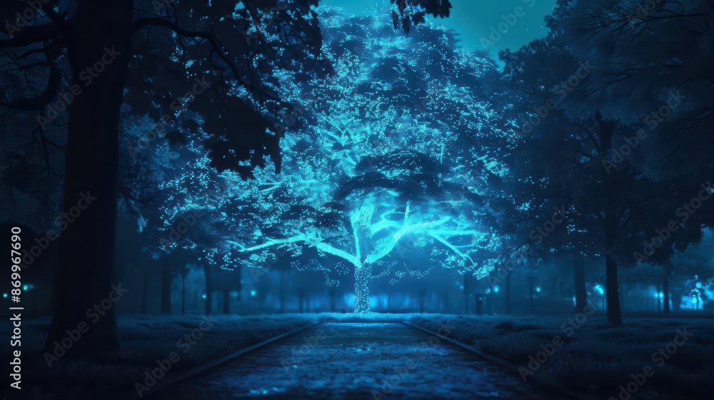 Obraz premium Bioluminescent trees in city parks light up to reveal holographic cityscapes