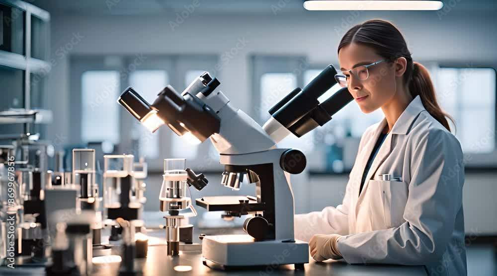 Young scientist standing near microscope in a laboratory,woman scientist doing some research, doctor Scientist working at the laboratory concept Young scientist standing near microscope in a laboratory,woman scientist doing some research, doctor Scientist working at the laboratory concept