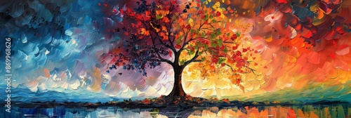 The abstract painting shows a tree with colorful leaves under a dramatic sunset sky, conveying beauty and harmony