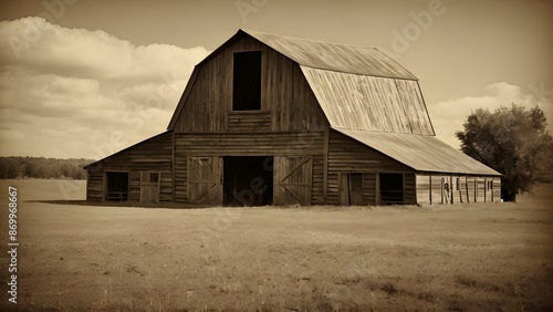 A vintage barn in a sepia background