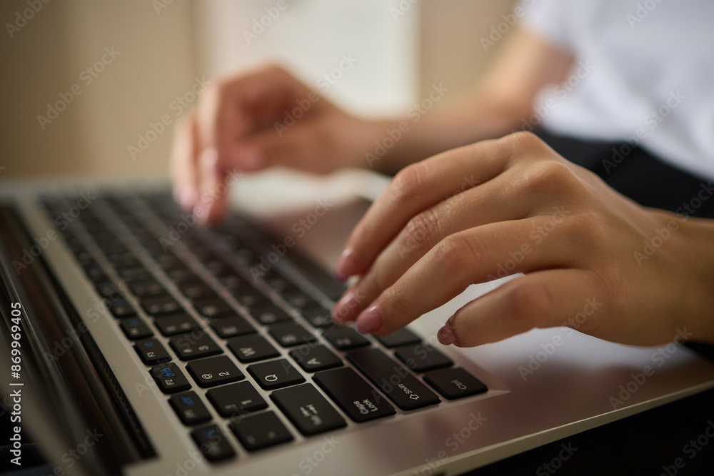 Woman Typing on Laptop for Work, Close-up Shot Remote Work, Freelancing, Home Office Woman Typing on Laptop for Work, Close-up Shot Remote Work, Freelancing, Home Office