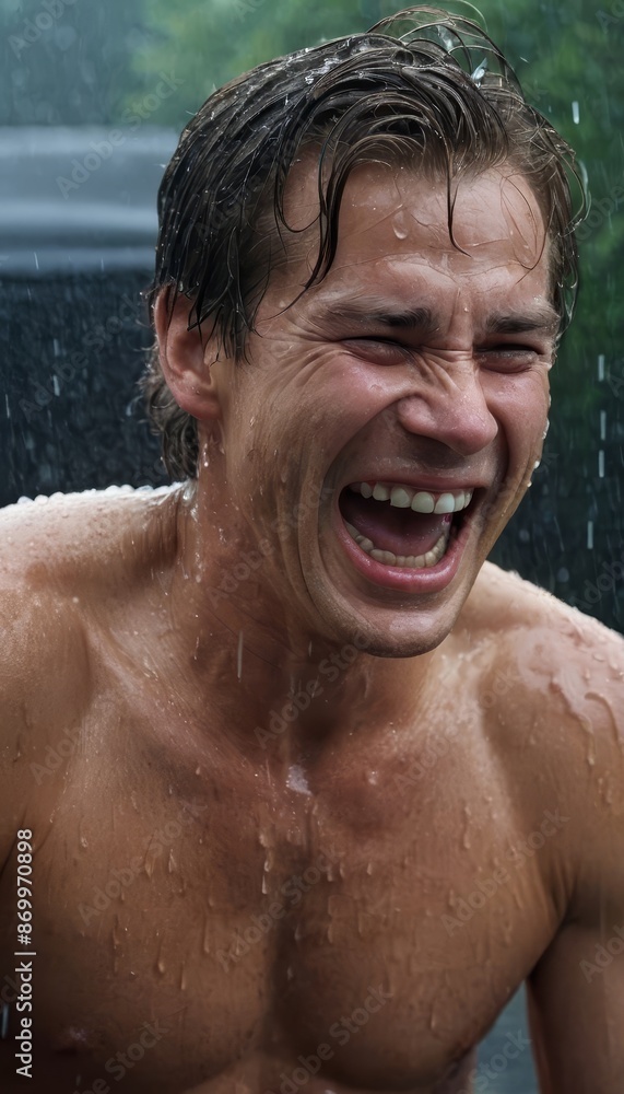 portrait of a man laughing under the rain portrait of a man laughing under the rain