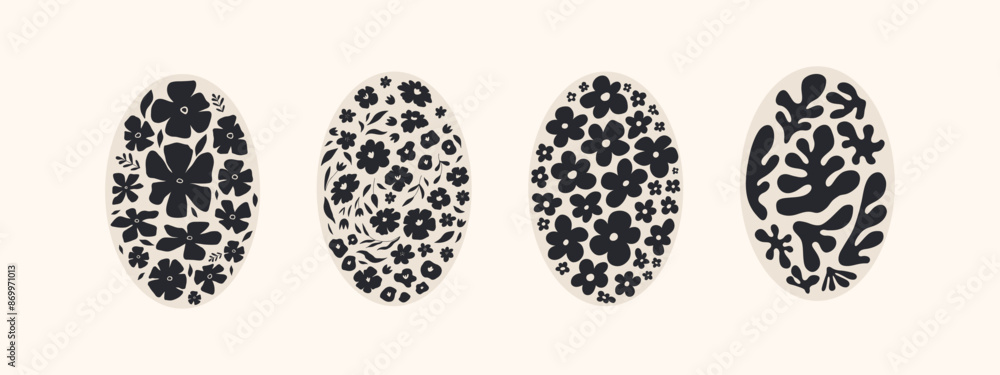 Fototapeta premium Abstract groovy floral posters. Modern trendy Matisse minimal style. Hand drawn oval shape design for wallpaper, wall decor, print, postcard, cover, template, banner. Black and beige colors