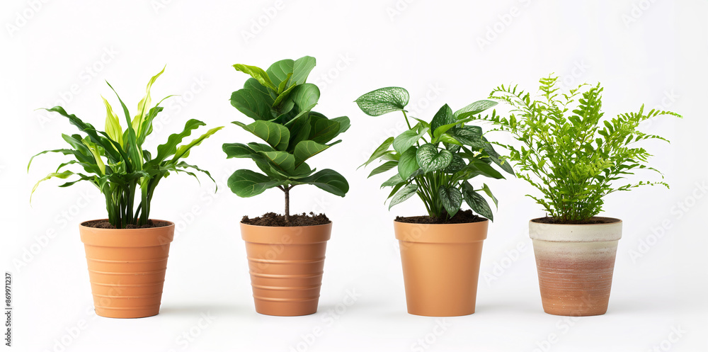Various potted houseplants in different pots on a white background. Various potted houseplants in different pots on a white background.