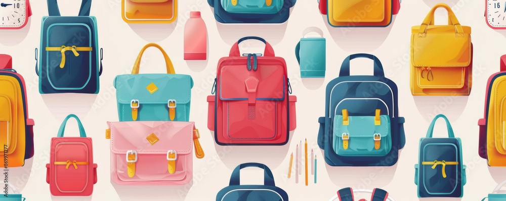 A colorful array of backpacks and purses are displayed on a white background A colorful array of backpacks and purses are displayed on a white background