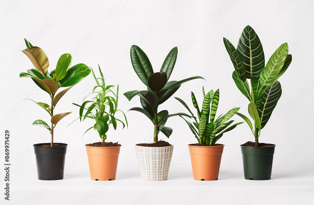 Various potted houseplants in different pots on a white background. Various potted houseplants in different pots on a white background.
