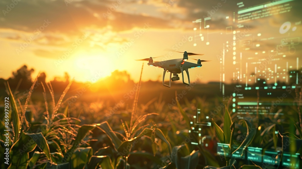 Advanced Drones in Action on Smart Farm at Sunset Enhancing Agricultural Efficiency with Cutting-Edge Technology, Generative AI Advanced Drones in Action on Smart Farm at Sunset Enhancing Agricultural Efficiency with Cutting-Edge Technology, Generative AI