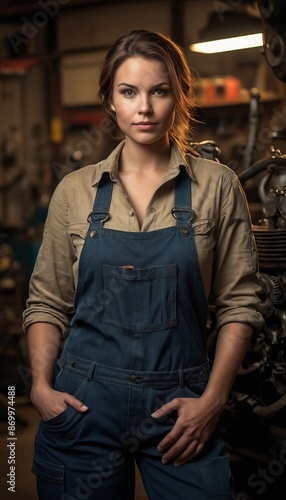 portrait of a woman dressed as mechanic 