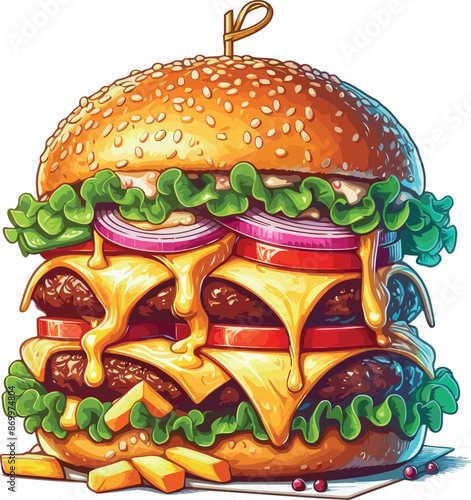 Mouth-Watering Burger with Cheese and Fresh Toppings Clipart for Food Lovers