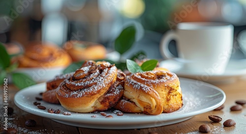 Freshly Baked Cinnamon Rolls With Coffee on a Wooden Table
