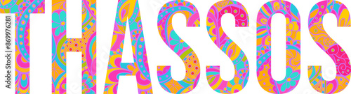 Thassos island text title with floral doodle pattern. Unique place name vector design, use for article header, merch print, travel blog, postcard, wall art print  .