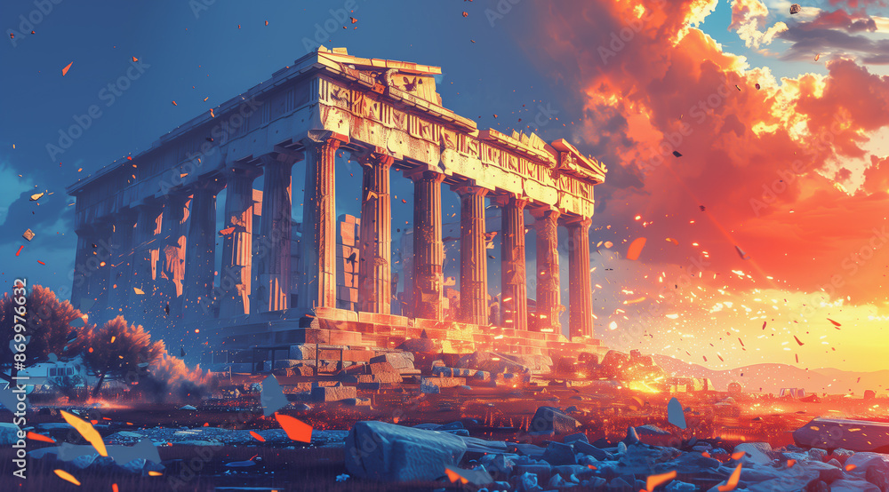 Obraz premium Cartoon vector illustration of an ancient Greek temple with vibrant colors and intricate details